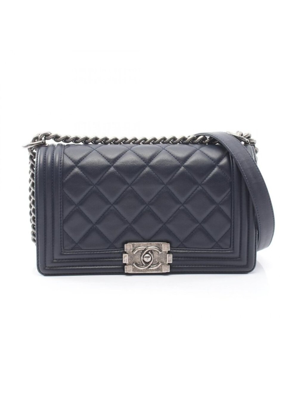 Chanel Shoulder Bag Boy Antique Silver Navy Lambskin Boy Chain